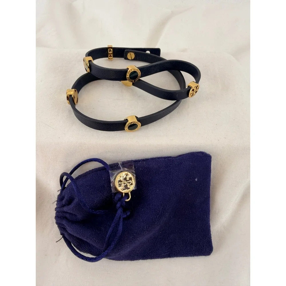 Tory Burch Reva Navy Saffiano Leather‎ Gold Logo Double Wrap Bracelet